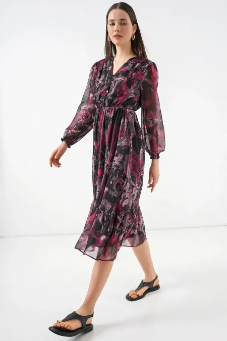 2137 Desenli Şifon Elbise - A.Kırmızı