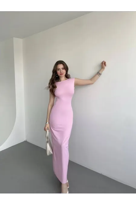 Kadın Pembe Sırt Dekolteli Yumuşak Dokulu Elbise HZL25S-ZK13321
