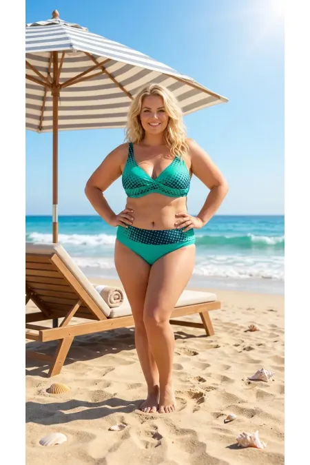Ensemble bikini doublé grande taille à pois verts et marine pour femme HZL26S-LC21202-6