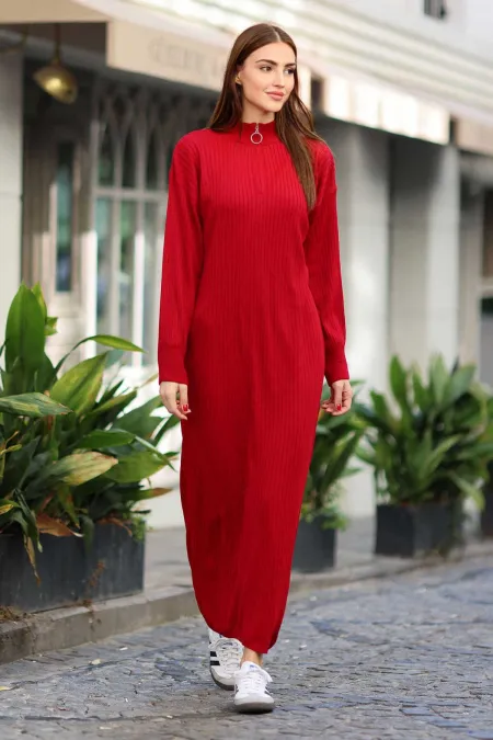 Robe longue en maille côtelée rouge à col zippé pour femme HZL24W-BD1102271
