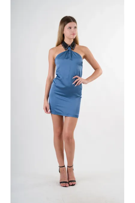 Kadın Mavi Halter Yaka Saten Kumaş Sırt Dekolteli Mini Elbise HZL24S-YY262