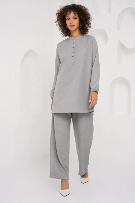 Ensemble deux pièces tunique et pantalon en lin 6678 - Gris