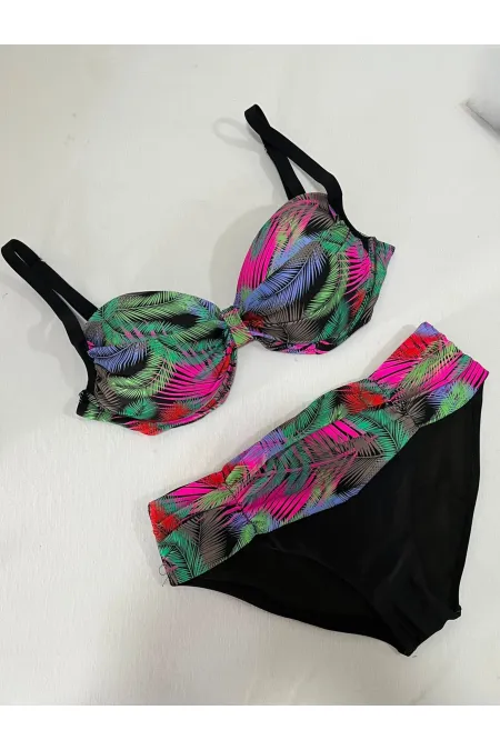 Women's Black Multicolor Patterned Lined Plus Size Bikini Set HZL25S-LC06