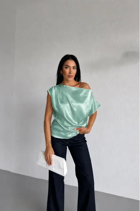 Women's Light Green One-Shoulder Asymmetrical Satin Blouse HZL26W-FRY121171 Women's Light Green One-Shoulder Asymmetrical Satin Blouse HZL26W-FRY121171