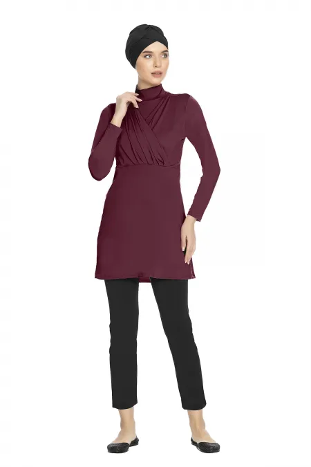 Kadın Tesettür  Bordo Uzun Kollu Boneli Tam Kapalı Taytlı Likralı Elbise Mayo HZL24S-AR1285-09