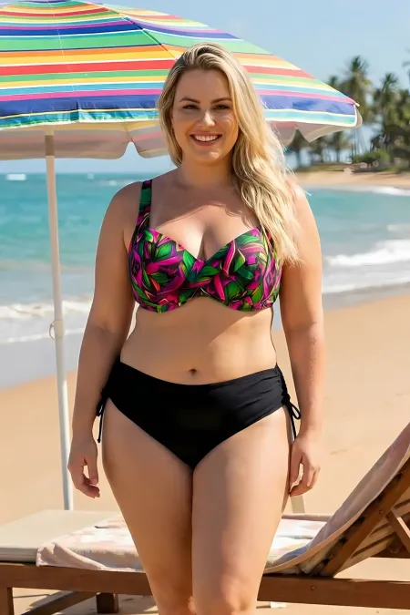 Ensemble bikini grande taille fuchsia à motifs noirs et galbant à armatures pour femme HZL26S-LC2519