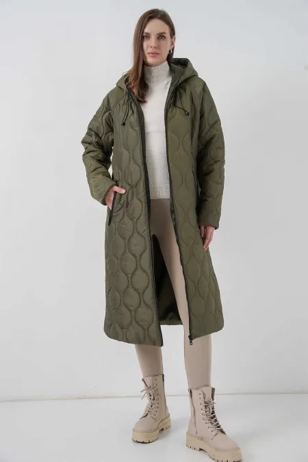 Doudoune longue matelassée à capuche kaki pour femme HZL24W-BD151771