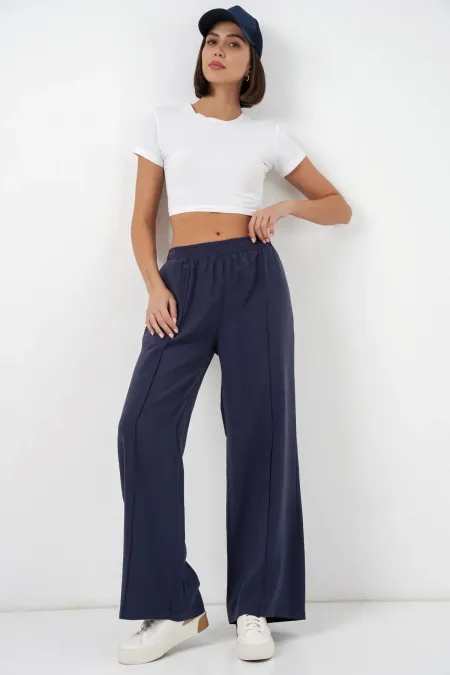 Women's Wide Leg Trousers with Elastic Waistband 30087 - Navy Blue