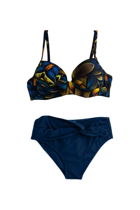 Women's Navy Blue Yellow Floral Patterned Lined Plus Size Bikini Set HZL25S-LC24108