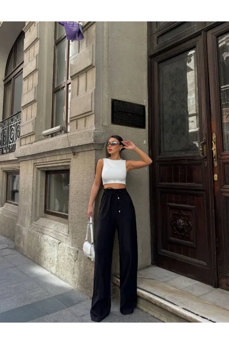 Kadın Siyah Yüksel Bel Lastikli Beli Bağlamalı Cepli Geniş Paça Pantolon HZL24S-VL191151