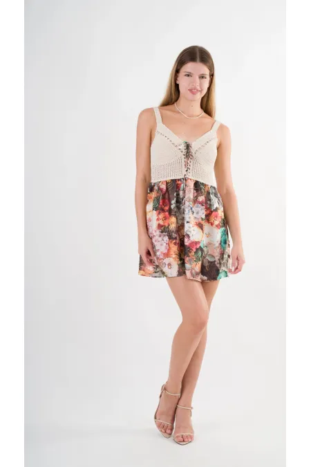 Kadın Yeşil Desenli Saten Yüzeyli V Yaka Halka Detaylı Kuşaklı Mini Elbise HZL24S-YY250