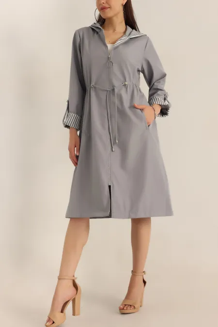 Trench-coat long à capuche gris pour femme avec cordon de serrage à la taille HZL22W-BD190911