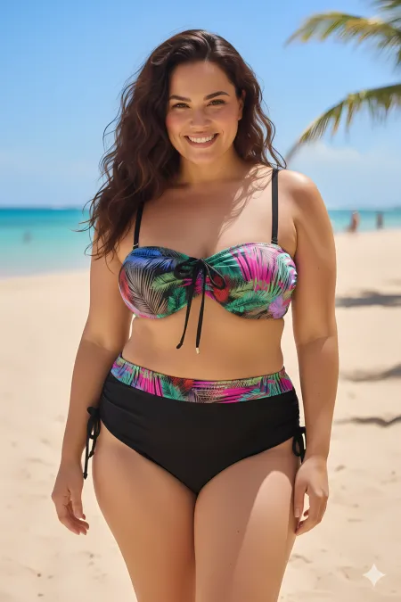 Women's Black Multicolored Patterned Lined Plus Size Bikini Set HZL25S-LC03