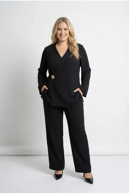 Women's Black Plus Size Wrap Neckline Side Tie Buckle Evening Dress Set HZL26W-PR10121