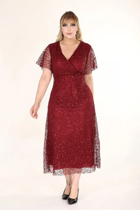 Kadın Bordo Büyük Beden Kruvaze Yaka Payetli Abiye Elbise HZL26S-PR11171