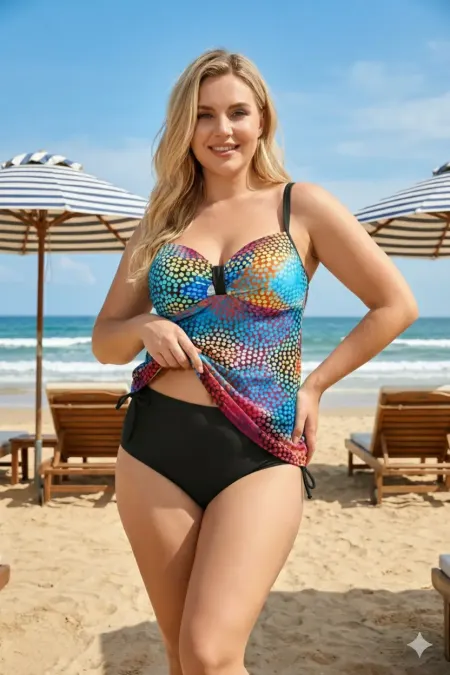 Robe tankini grande taille à pois multicolores noirs pour femme avec fond de robe HZL26S-LC9025