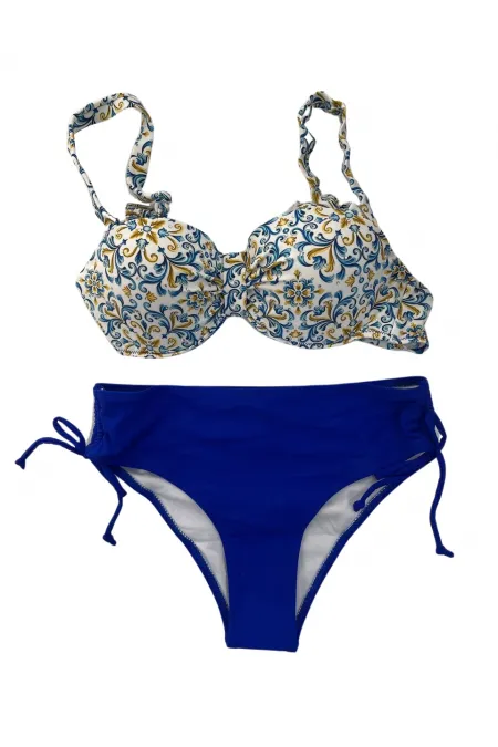 Women's Blue and White Patterned Stone Embroidered Lined Bikini Set HZL25S-LC3309
