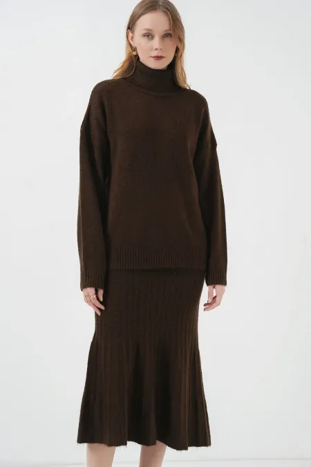 Ensemble deux pièces (pull, jupe et tricot) 15892 - Marron