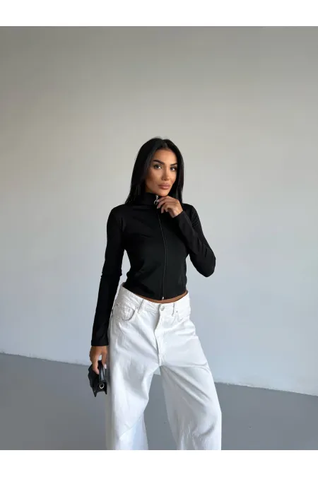 Kadın Siyah Dalgıç Kumaş Fermuar Kapamalı Parmak Geçirmeli Sweatshirt HZL25W-FRY123441