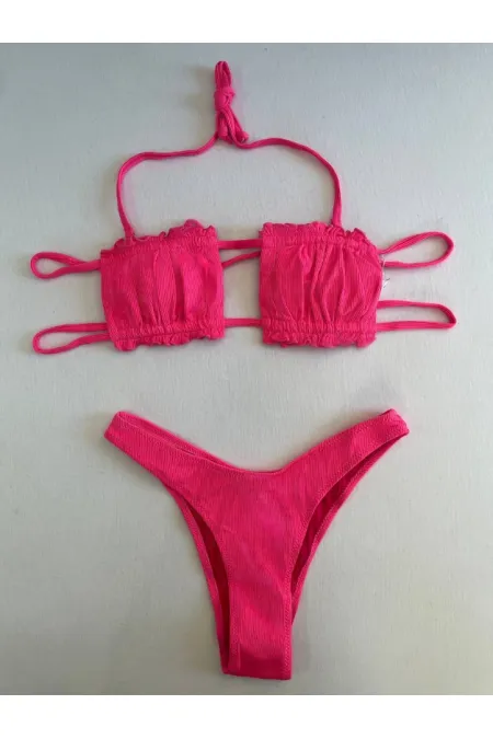 Ensemble bikini froncé sans bretelles à nouer et string rose pour femme HZL25S-LC2226