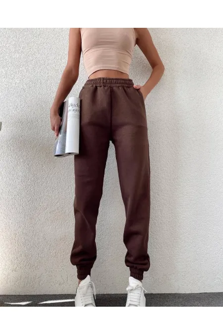 Pantalon de survêtement marron à poches et taille élastique pour femme, taille haute à 3 fils, HZL24W-ZK12321