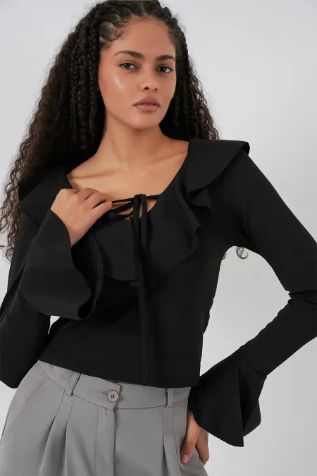 Women's Long Sleeve Crop Blouse 979 - Black