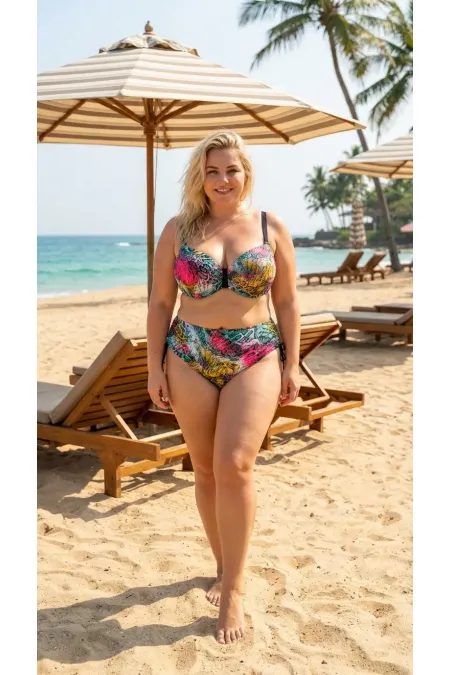 Women's Green Pink Leopard Print Lined Plus Size Bikini Set HZL26S-LC506