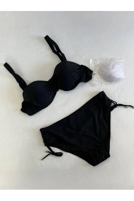 Women's Black Stone Embroidered Lined Bikini Set HZL25S-LC3361