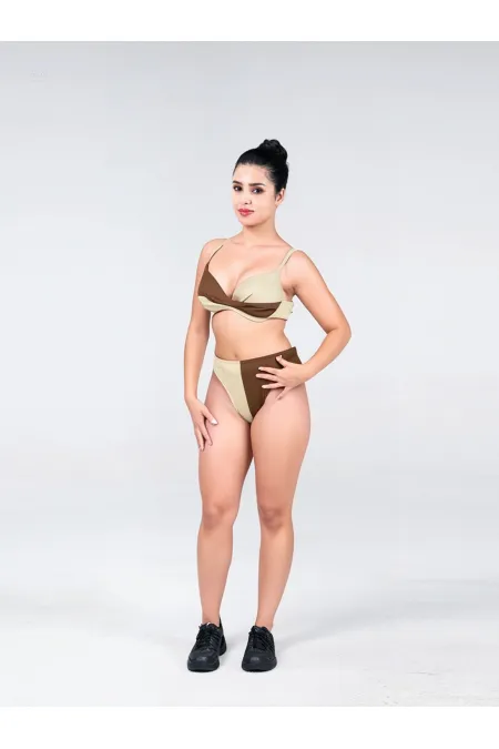 Women's Brown Cream Color Block Lined Bikini Set HZL25S-LC214