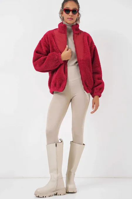 Veste en fausse peau de mouton rouge imprimée et zippée pour femme HZL25W-BD151941