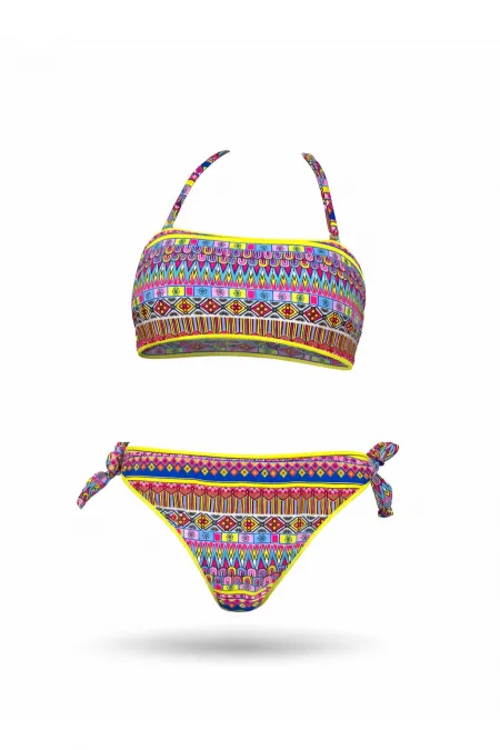 Ensemble bikini sans bretelles doublé multicolore bleu fluo et jaune pour filles de 4 à 12 ans HZL24S-LC6355