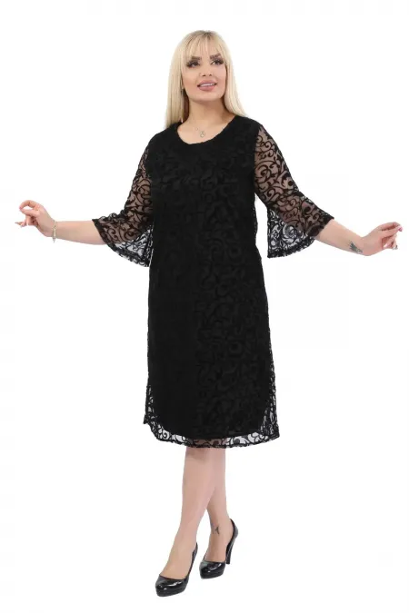 Kadın Siyah Büyük Beden İspanyol Kol Astarlı Transparan Dantel Şık Abiye Elbise HZL26S-PR11151