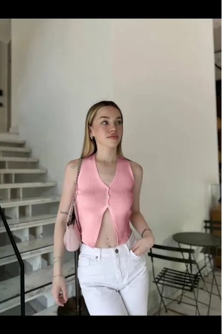 Gilet court boutonné saumon pour femme HZL24S-ZK10231