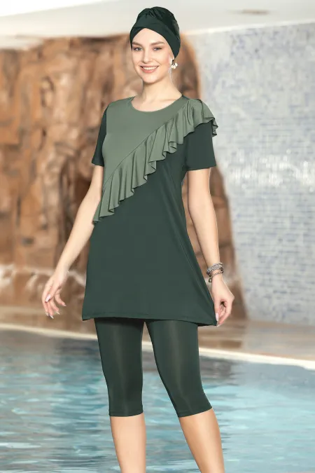 Kadın Tesettür Haki Kısa Kollu Önü Fırfırlı Boneli Taytlı Elbise Mayo HZL24S-AR1154-29