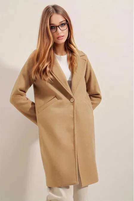 Manteau élégant en cachemire pour femme, doublé, à un bouton et deux poches, HZL23W-BD190851