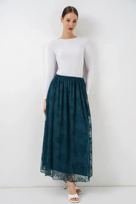 Jupe longue en tulle imprimé floqué pour femme 8070 - Pétrole