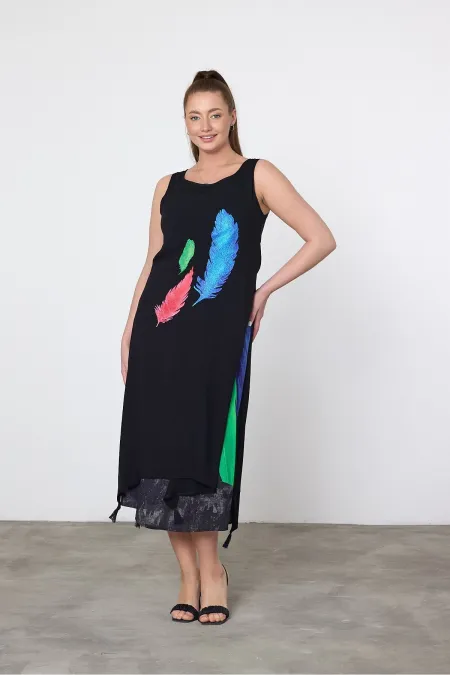 Kadın Siyah Mavi Kuş Tüyü Desenli Astarlı Viskon Elbise HZL25S-VM120251