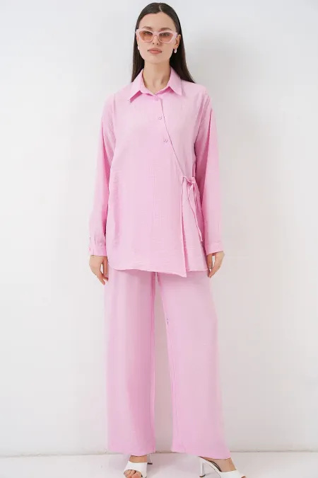 Ensemble deux pièces tunique et pantalon à lacets pour femme 6752 - Rose poudré