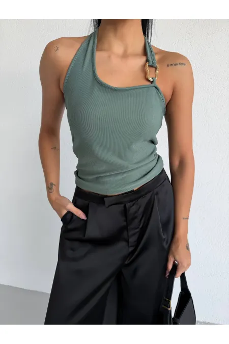 Kadın Yeşil Ottoman Kumaş Halter Yaka Toka Detay Bluz HZL26W-FRY123321