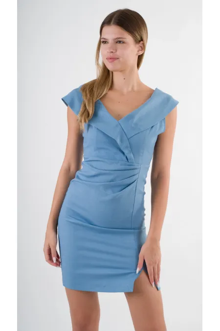 Kadın Mavi V Yaka Yırtmaç Detaylı Kolsuz Elbise HZL24S-YY272