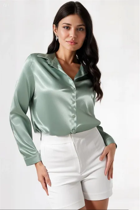 Kadın Çağla Yeşili Hafif Dökümlü Saten Yüzeyli Gömlek Hzl22w-bd139641