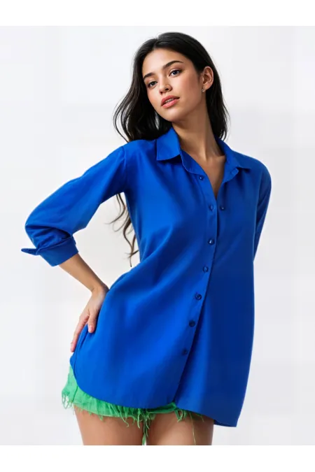 Kadın Canlı Mavi Oversize Uzun Basic Gömlek HZL22W-BD139001