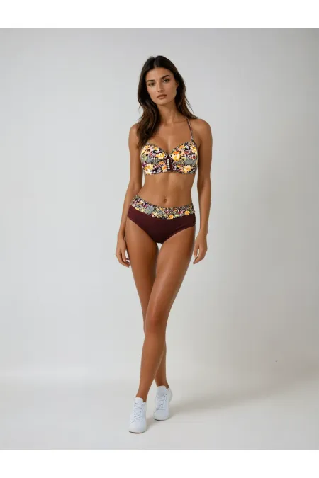 Women's Coffee Floral Patterned Plus Size Lined Navy Blue Bikini Set HZL25S-LC3301