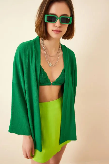 Veste de saison texturée verte à col rabattu et ouverture sur le devant pour femme HZL22S-BD158621