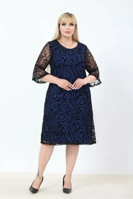 Kadın Lacivert Büyük Beden İspanyol Kol Astarlı Transparan Dantel Şık Abiye Elbise HZL26S-PR11151
