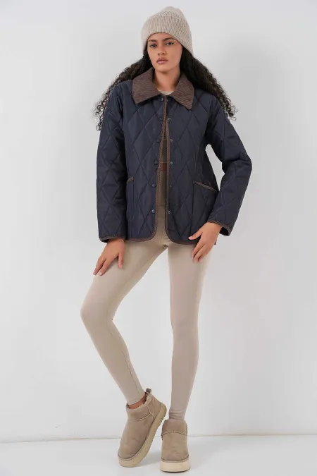 Manteau matelassé en velours bleu marine pour femme, avec fermeture à pression HZL25W-BD152261