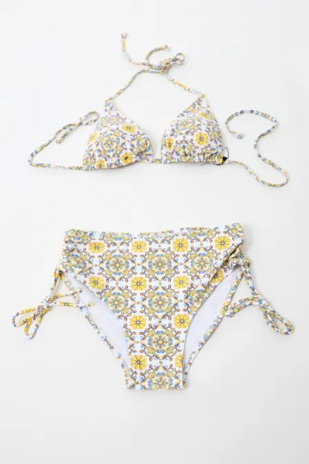 Women's White Yellow Blue Patterned Lined Rope Tied High Waist Triangle Bikini Set HZL24S-LC3308