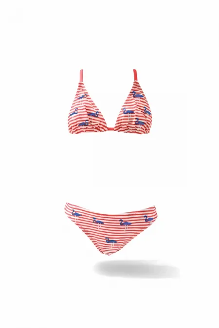 Ensemble bikini triangle à rayures roses et blanches à motif flamant rose pour filles (4-12 ans) HZL24S-LC171