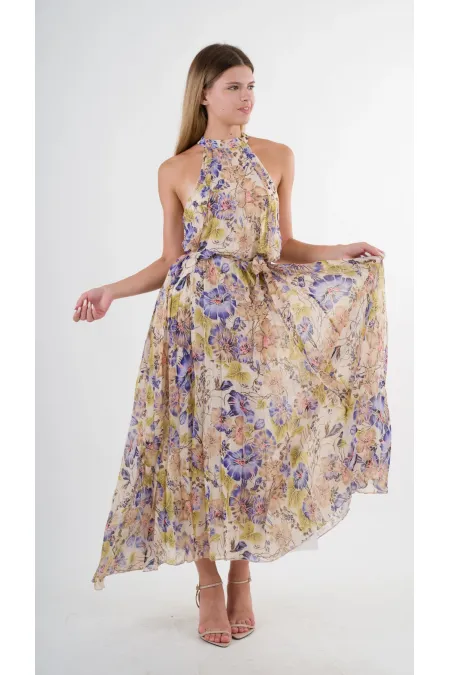 Kadın Mor Çicek Desenli Halter Yaka Kuşaklı Astarlı Uzun Elbise HZL24S-YY233