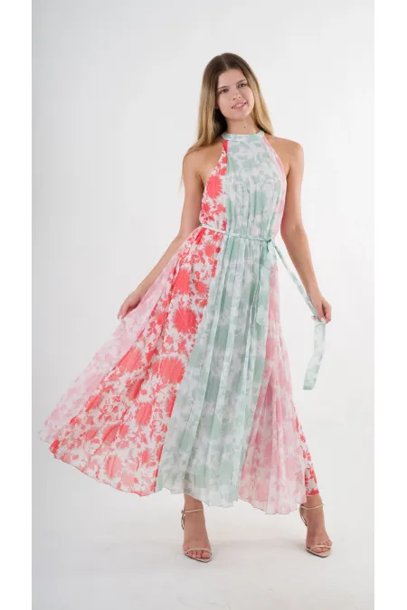 Kadın Kırmızı Yeşil Bloklu Yaprak Desenli Halter Yaka Kuşaklı Astarlı Uzun Elbise HZL24S-YY233